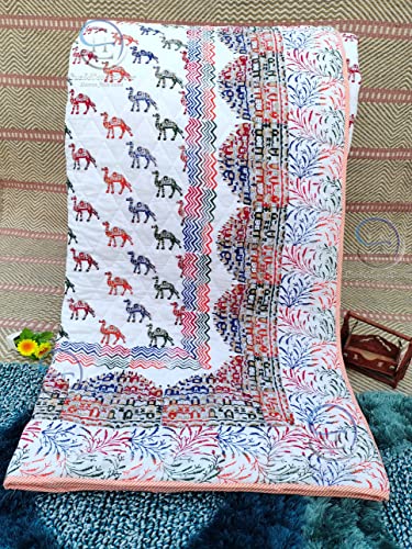 Image of 380 GSM Hand Block and Screen Small Camal and Heritage Haw Mahal Print Winter Cotton Double Bed Quilt Jaipuri Razai - King Size Red Multicolor, Rajai 90X105 Inch
