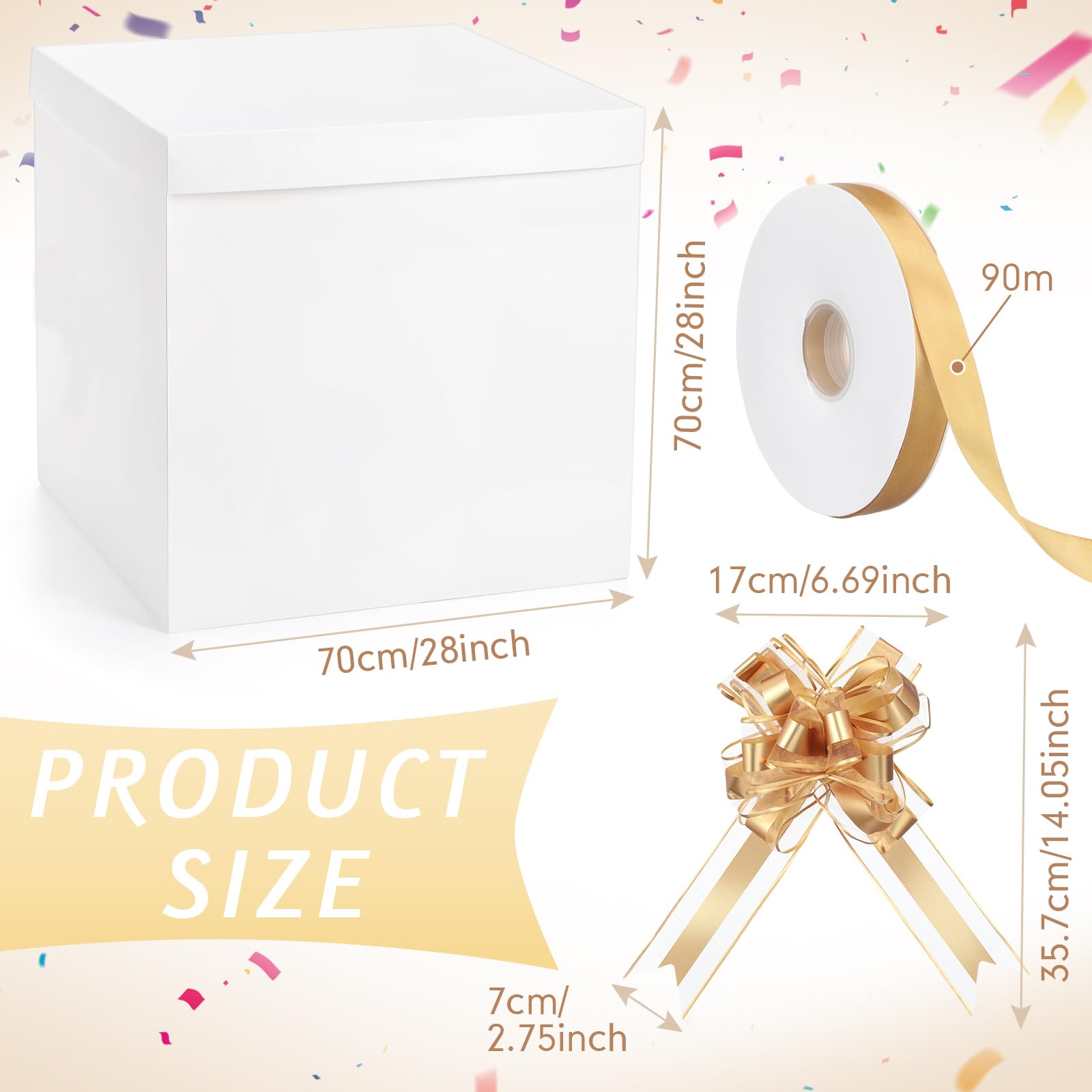 Kolldenn Scatola regalo extra large con coperchio, 71 x 71 x 71 cm, scatola regalo gigante bianca per rivelare grandi regali con fiocchi e nastri per compleanni, celebrazioni speciali, anniversari