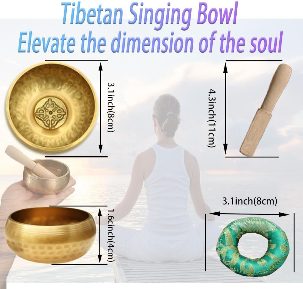 8Pcs Tibetan Buddhist Meditation Set,3.1in Singing Bowl,7.5in Brass Bell Dorje Vajra,2.5in Tingsha Cymbals Bells,Singing Scripture Implement Buddhist Supplies,Tibetan Dharma Mat and Zen Bag,HDRELEODY