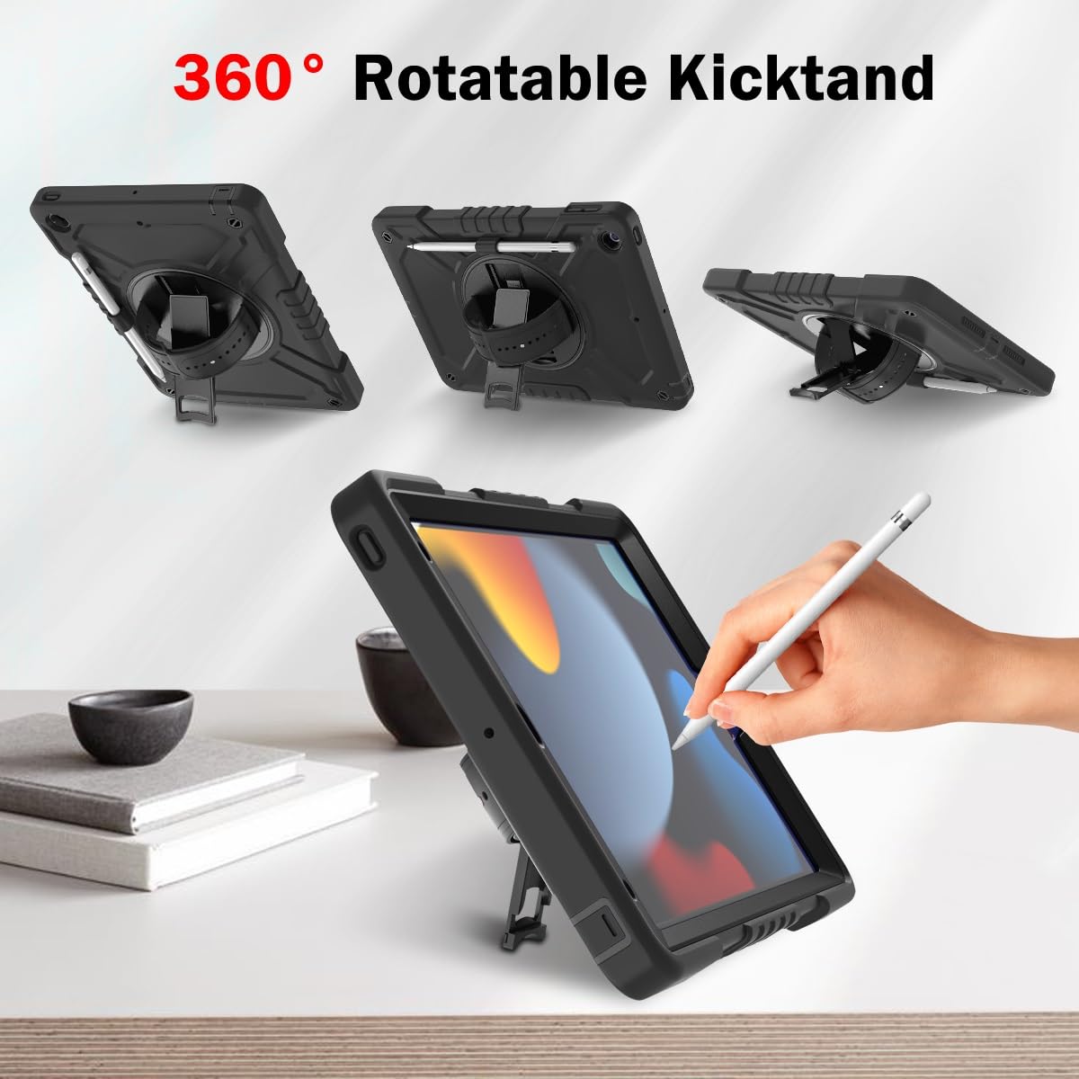 Custodia protettiva per tablet PC compatibile con iPad 10.2 (2021/2020/2019 Custodia antiurto a tre strati, custodia protettiva in PC+silicone, supporto girevole a 360 gradi, cinturino da polso e