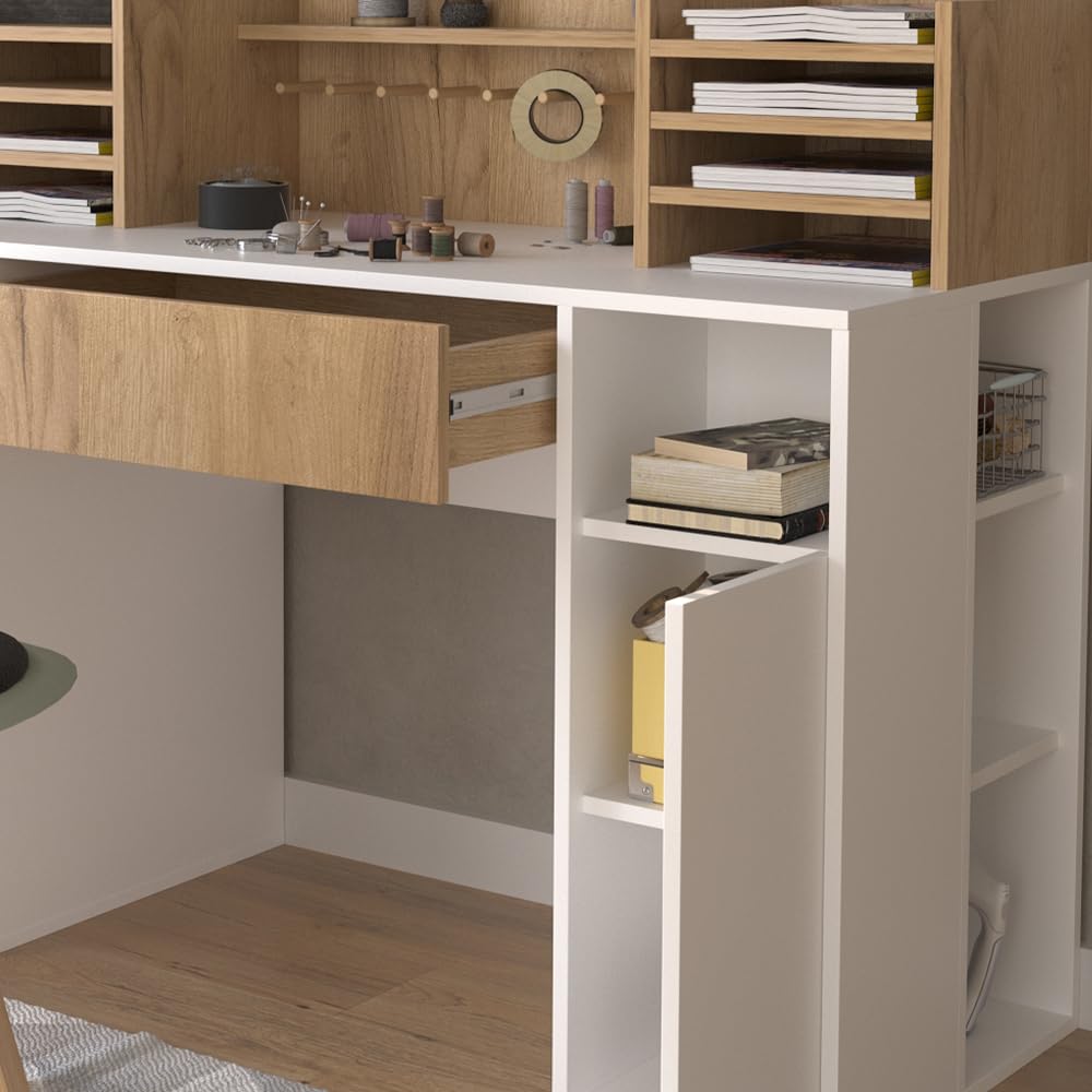 Vicco Bureau, Blanc/Sonoma, 126.8x50cm XL avec étagères, Convient comme Poste de Travail avec Passe-câbles et Surface de Rangement
