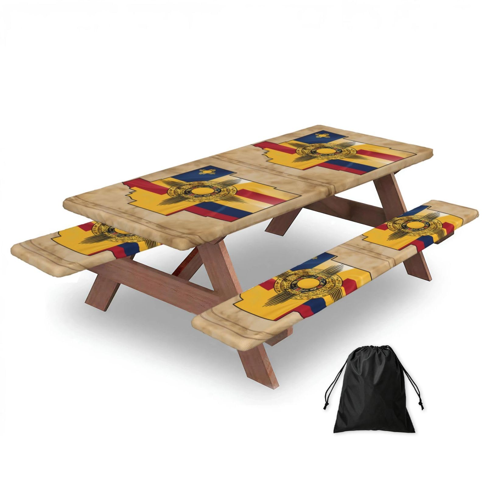 Duwaa Black New Mexico Flag Map01 Print 183Cm Picnic Table Cover With Bench Covers, Waterproof Elastic Tablecloth Set For Outdoor