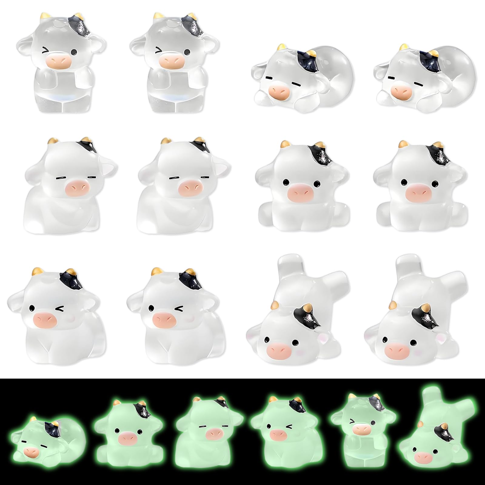 DAVBNM 12 Pcs Mini Cow Figurines, Tiny Resin Luminous Animals