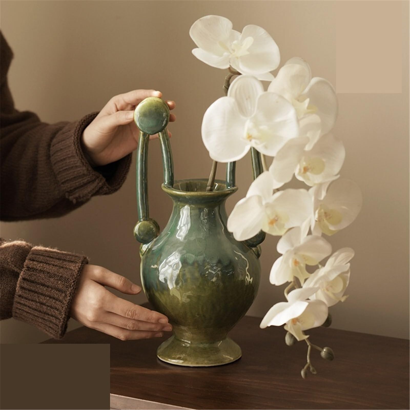 Wazon na kwiaty Vintage ceramiczny wazon z podwójnymi uszami Ozdoba do salonu Wyposażenie domu, 16,5 * 14 34 cm