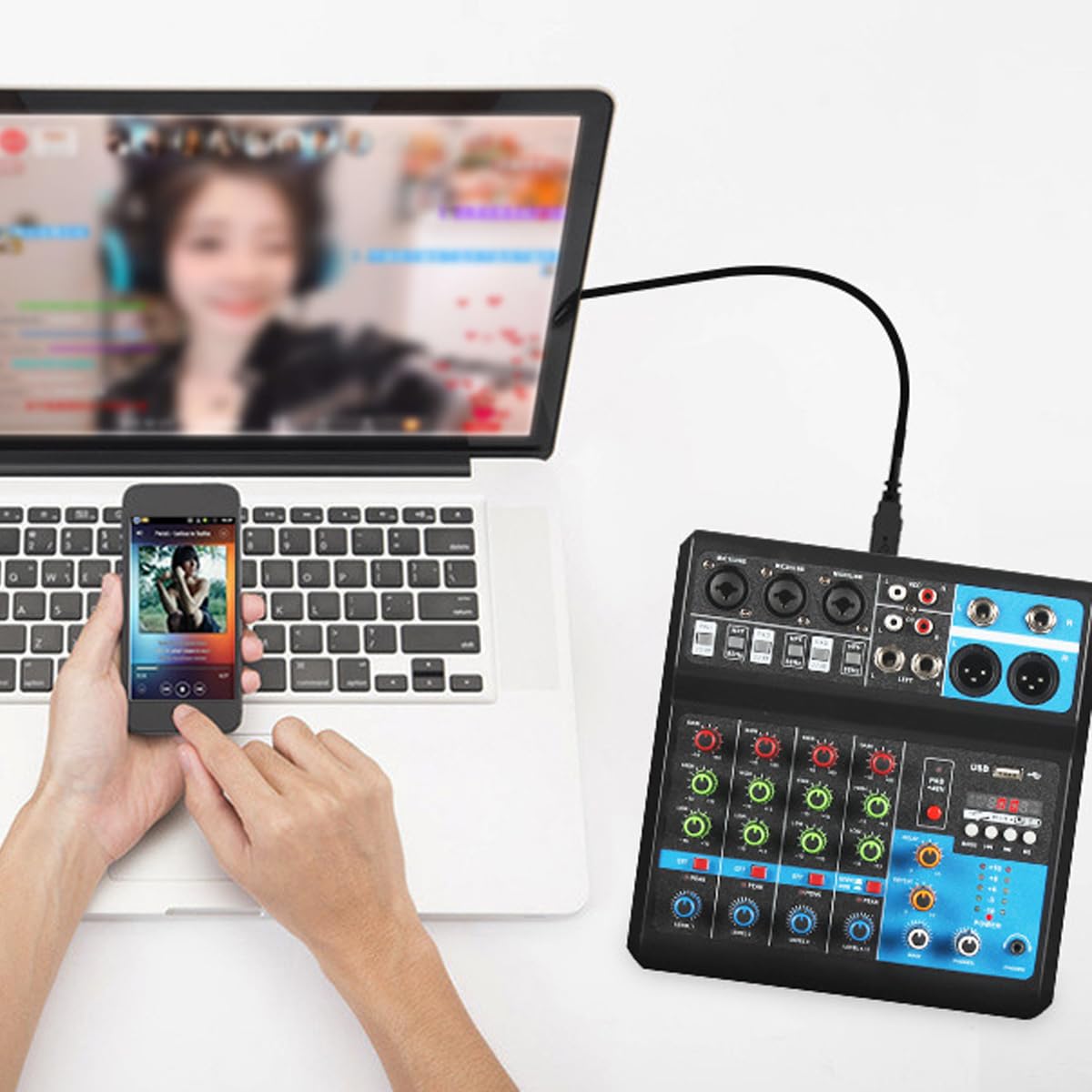 Riven Mini Audio DJ Mixer Sound Board Sistema de Consola de 5 Canales 48V USB MP3 Estéreo DJ Estéreo Live DJ Studio Streaming para fiestas de grabación profesional KTV Stage