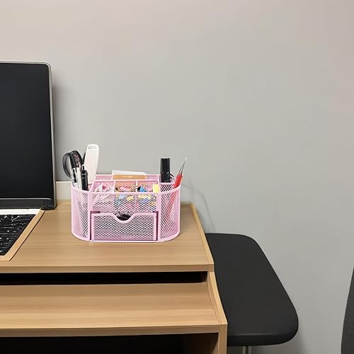 Miniatura 7 de Organizador de escritorio con soporte para lápices y accesorios que ofrece 8 compartimentos y 1 cajón para el hogar, la escuela y la oficina (rosa