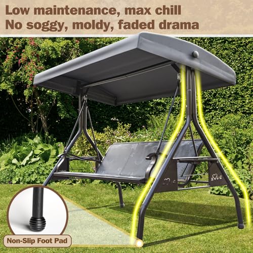 Image of ZZW 3 Person Patio Swing Outdoor Swing for Adults with Adjustable Canopy &Upgraded Cup Holders Textilene Fabric Porch Swing Chair with Stand Heavy Duty 800 LBS