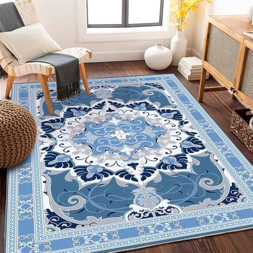 Tapis lavable 120x180cm bleu solution idéale contre les taches de salon