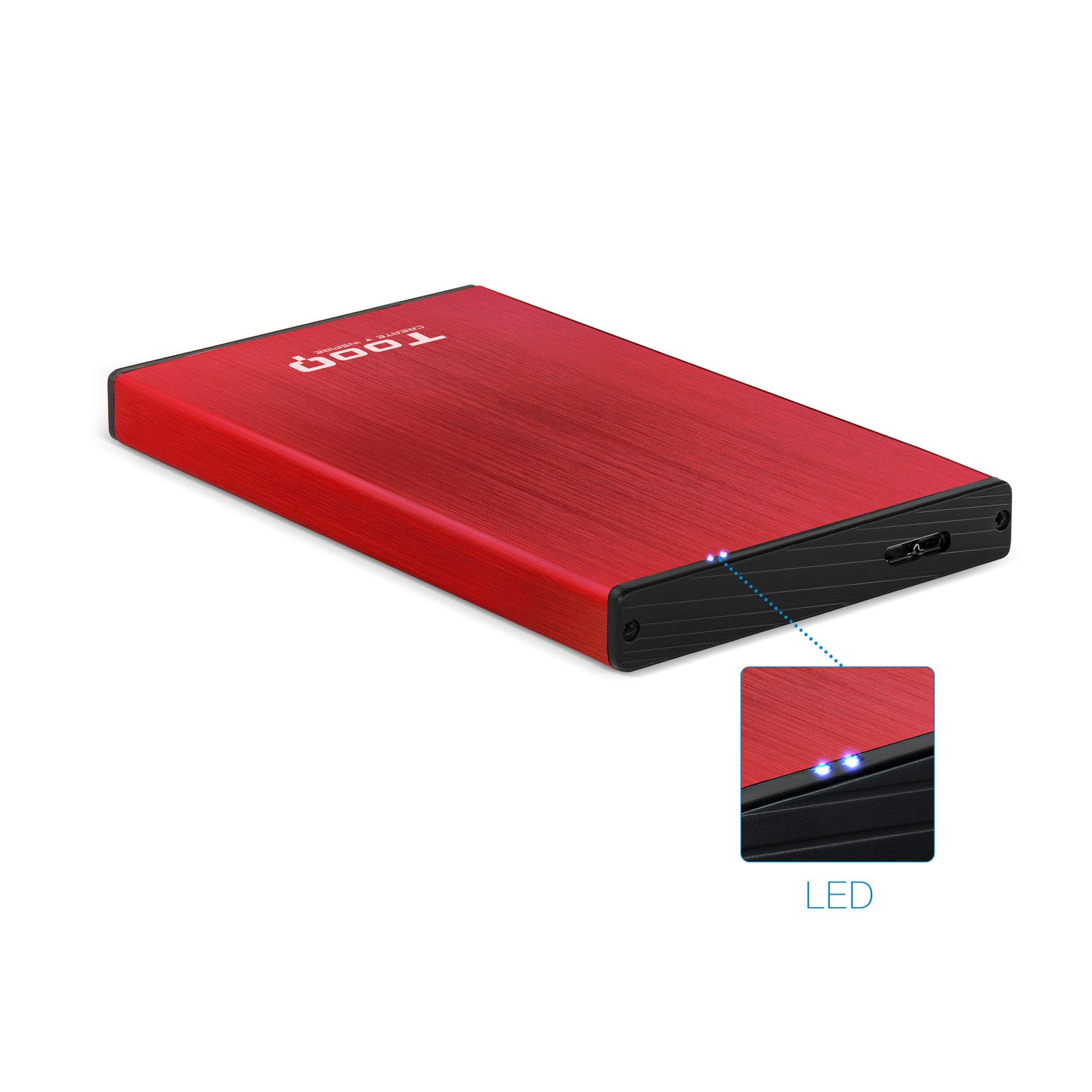 TOOQ TQE-2527R - Custodia per dischi rigidi HDD da 2,5", (SATA I/II/III fino a 9,5 mm di altezza, USB 3.0), alluminio, indicatore LED, rosso, 50 g.