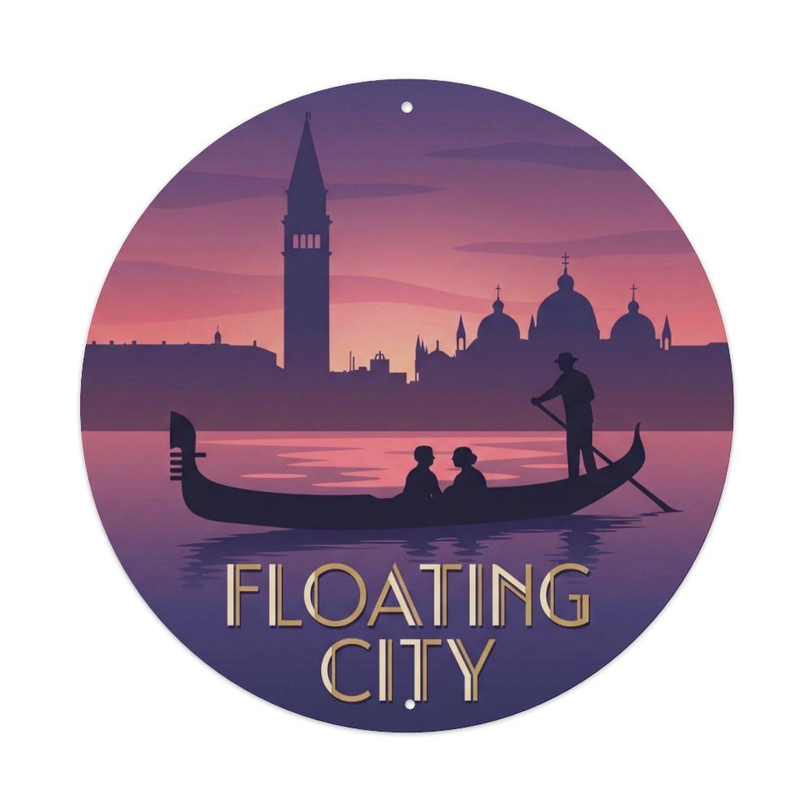 European Venice Gondola Travel Lagoon Landmark Romantic Metal Tin Sign Plaque Wall Decor for Cafe, Man Cave, Club Bar, Office, Home Garden Round Metal Poster 8x8Inch