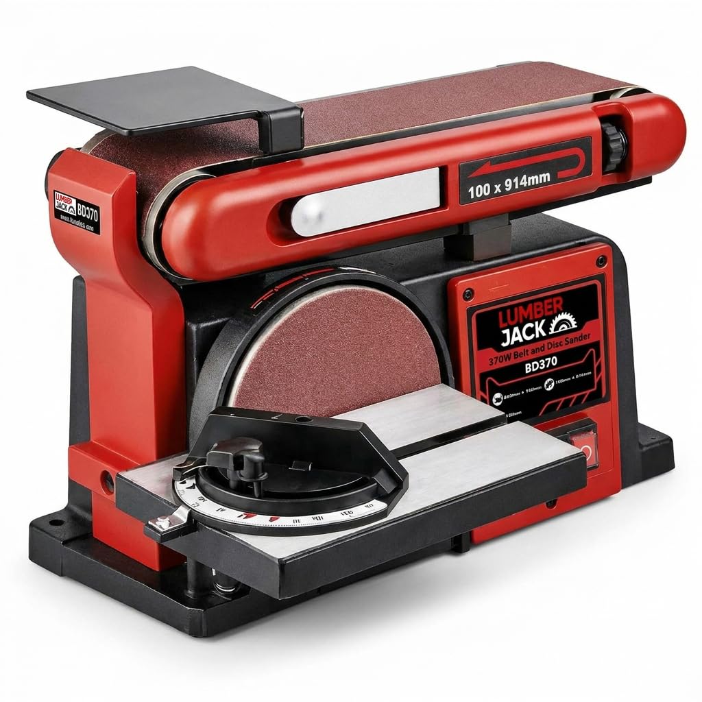 Lumber Jack Red Lumberjack Belt And Disc Sander 370W, 4" X 36" Bench Sander, Bench Top Linisher With Cast Iron Base, Woodworking Belt Sanders For Wood Sanding, 240V, Belt Sander