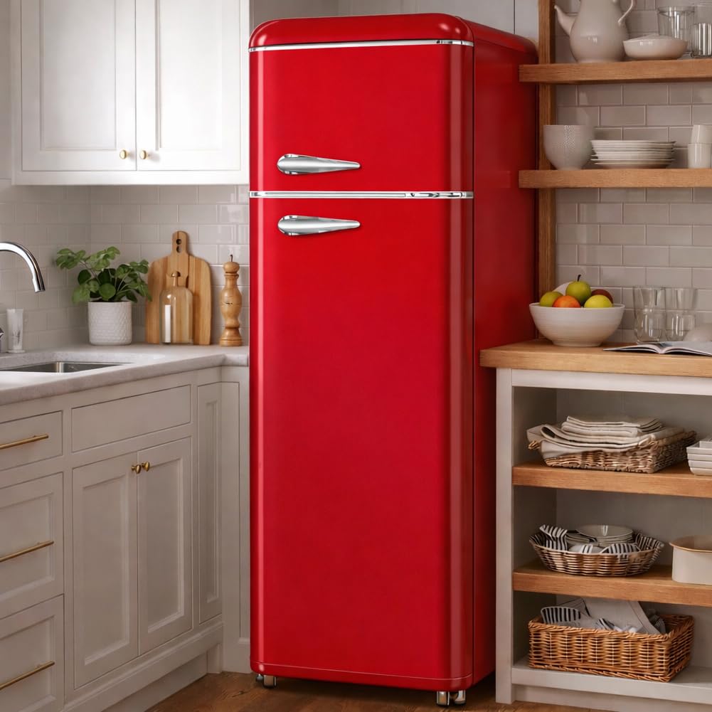 BAKAJI Frigorifero 240 Litri Doppia Porta Design Anni 50, Frigo con Congelatore Salvaspazio, Silenzioso, Temperatura Regolabile, Alto Livello di Stoccaggio, 54.5 x 54.5 x 147 cm (Rosso)