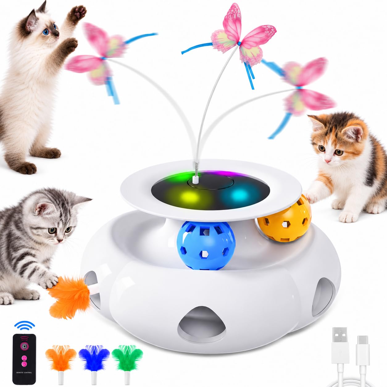 猫おもちゃ 電動 自動 一人遊び 4in1猫じゃらし 蝶々回転・猫ボール・羽根・LEDライト付き 運動不足・ストレス解消