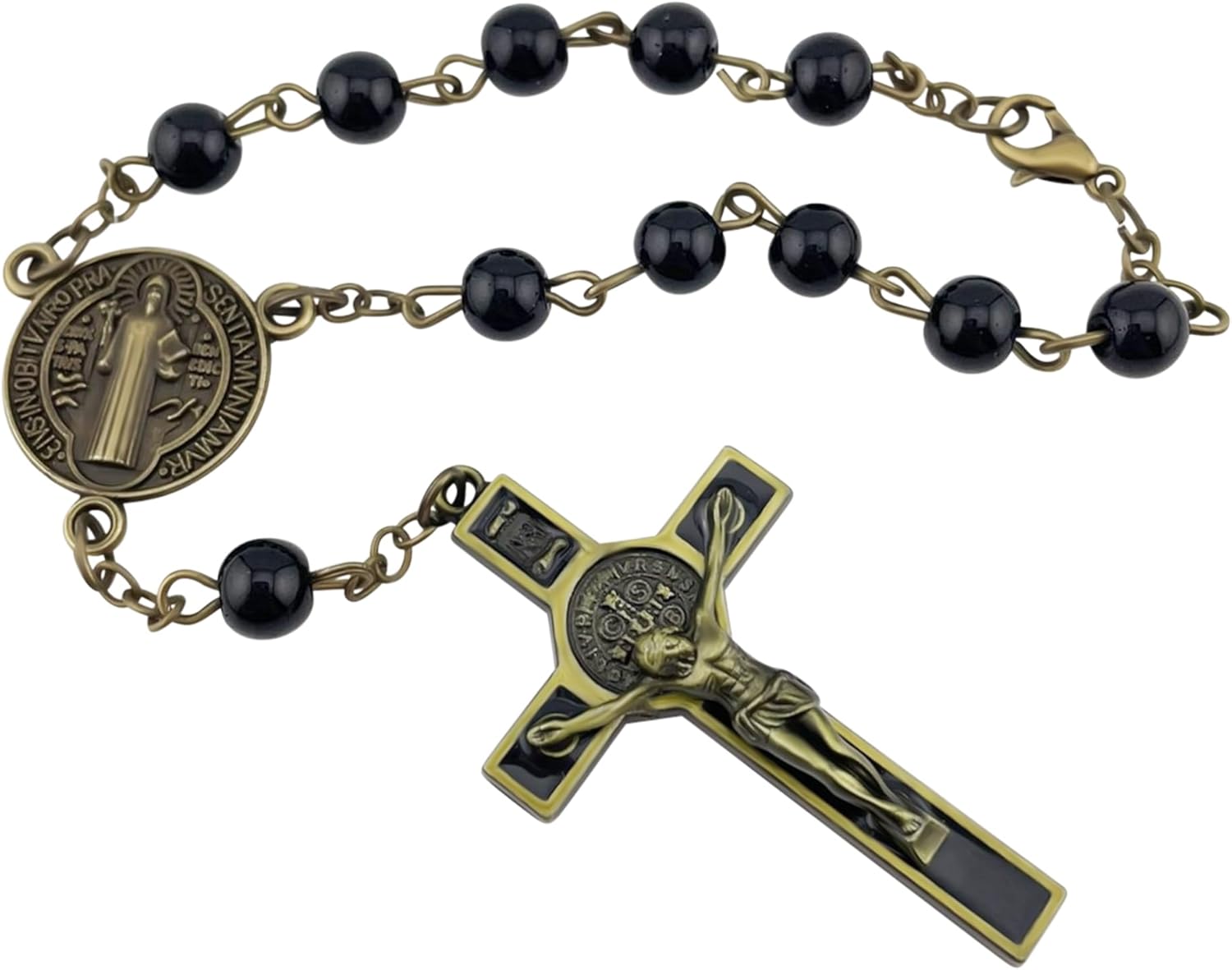 Catholic One Decade Car Rosary for Rear-View Mirror Bronze Auto Rosary Black Glass Beads St Benedict Centerpiece Religious Gift Car Truck Travel Protection - Image 2