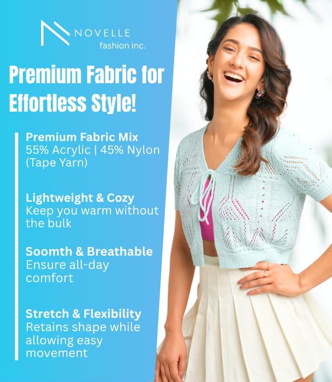 Women’s Crochet Cardigan Small Size | Light Weight Short Sleeve Cardigan for Women | Beautiful Aqua Color with Viscose & Nylon Fabric Blend | Front Bow Tie Closure for Casual Wear & More - Image 3