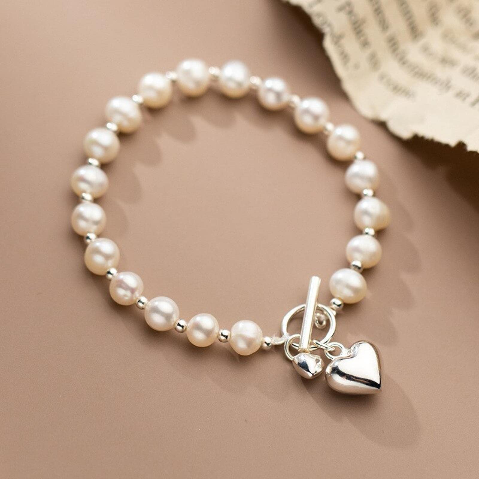 Bracciale in Argento Sterling 925 Fine con Perle d'Acqua Dolce A Forma di Cuore da 19 Cm per Gioielli da Donna per San Valentino