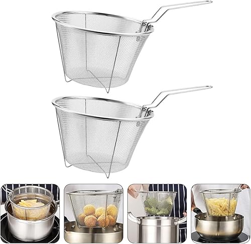 Miniatura 4 de Hemoton Cesta de freidora de acero inoxidable, 2 piezas, colador para freidora, cesta para freidora, cesta reutilizable, canasta de ala de pollo,