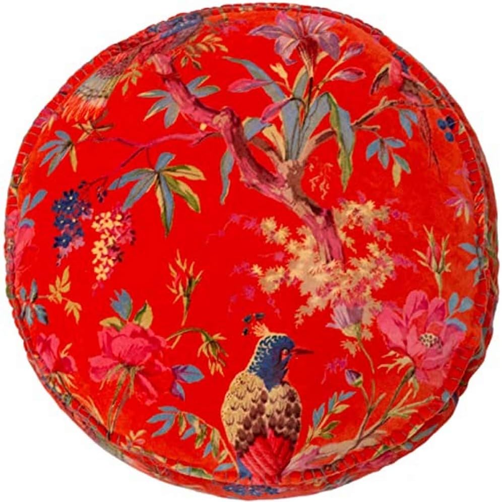Riva Paoletti Paradise Round Cushion Cover Orange Colourful Bird Print Velvet Fabric Blanket Stitched Edges 100% Cotton 50 X 50 X 12Cm (20" X 20" X 5" Inches), 50 X 50Cm (20" X 20")