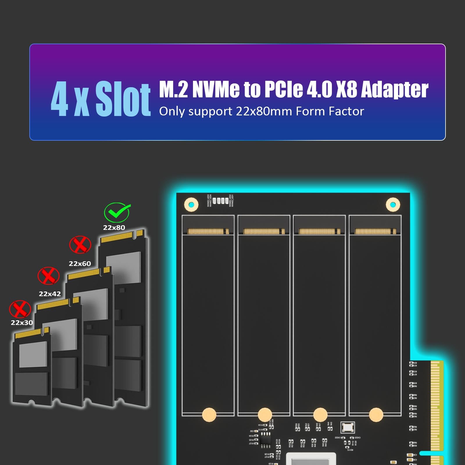 GLOTRENDS PA44 Quad Adaptador M.2 NVMe a PCIe 4.0 X8 con bifurcación PCIe, configuración de Raid M.2 NVMe Suave Mediante Herramienta del Sistema operativo (Solo Compatible con tamaño 2280)