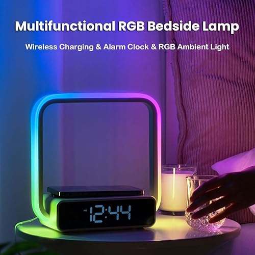 Miniatura 2 de Reloj despertador con lámpara de mesa de carga inalámbrica, moderna lámpara de noche 3 en 1 con control táctil regulable RGB luz nocturna reloj