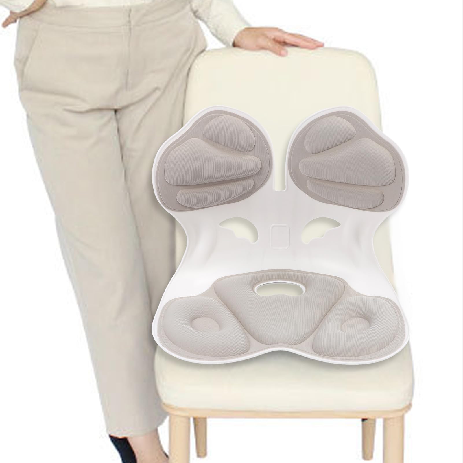 Luocute Silla de Apoyo Lumbar para Asiento de Suelo, Cojín de Respaldo Ergonómico con Agujeros Huecos Transpirables, Soporte de Espalda Inferior Portátil para Silla de Oficina (Gris Claro)