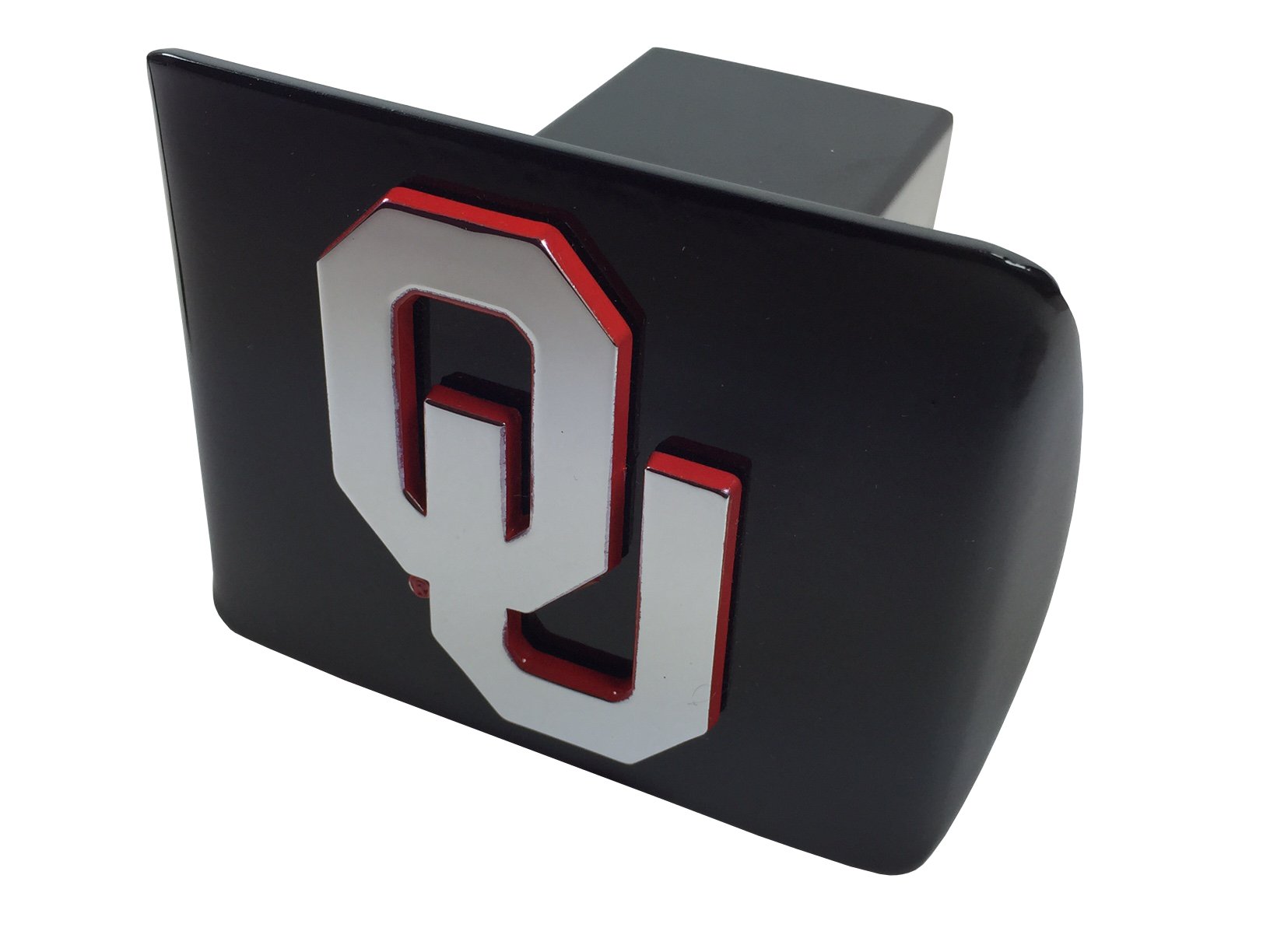University of Oklahoma METAL emblem (chrome with crimson trim) on black METAL Hitch Cover