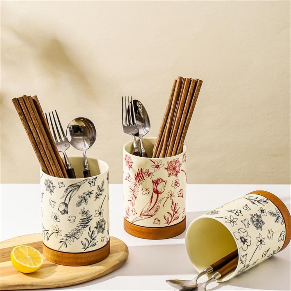 Czarny ceramiczny uchwyt na przybory kuchenne na blat kuchenny - stylowe sztućce z tacą odpływową idealne rozwiązanie do przechowywania przyborów dla domowych kucharzy i kucharzy