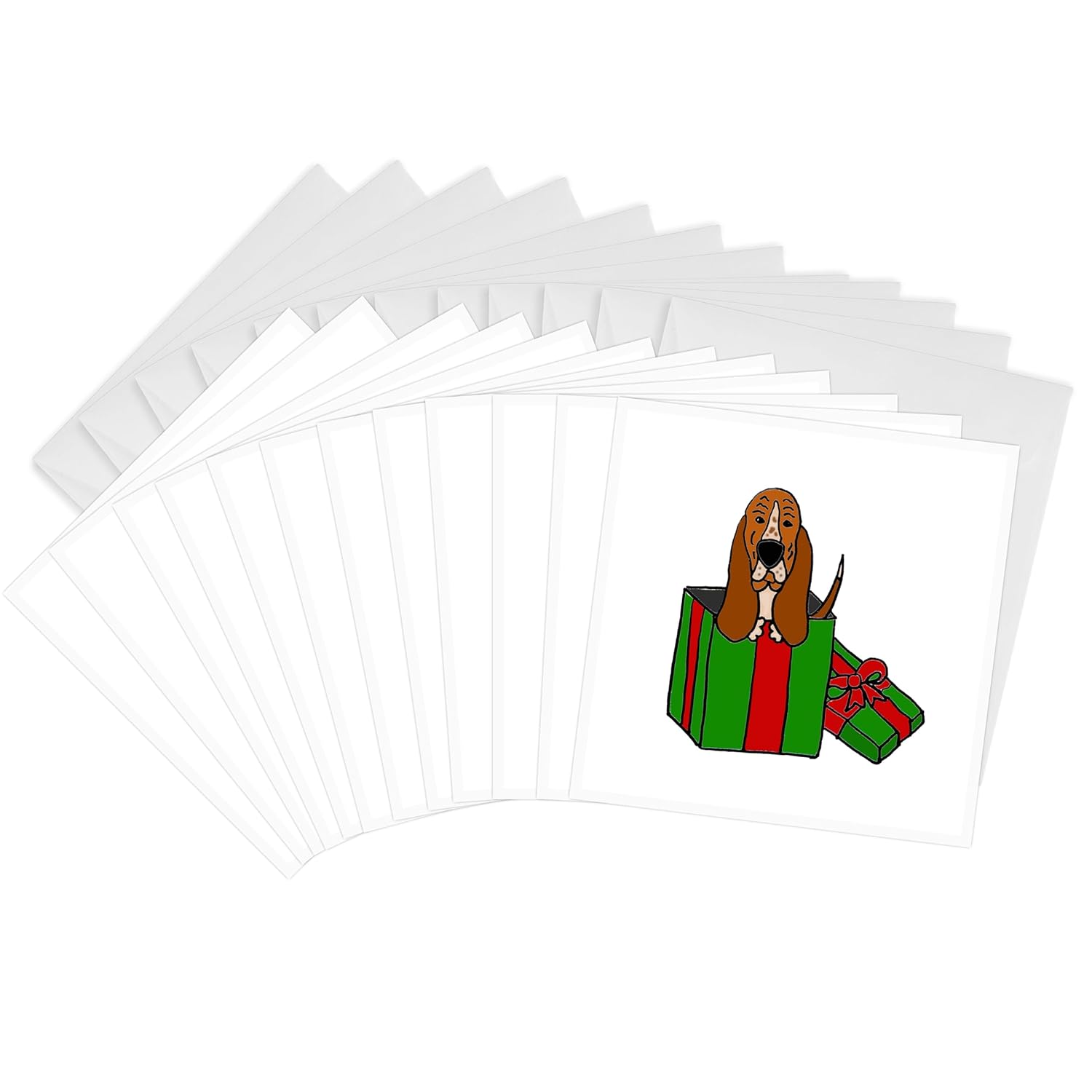 Funny Basset Hound Puppy Dog in Christmas Package - Greeting Cards, 6 x 6 inches, set of 12 (gc_220496_2)