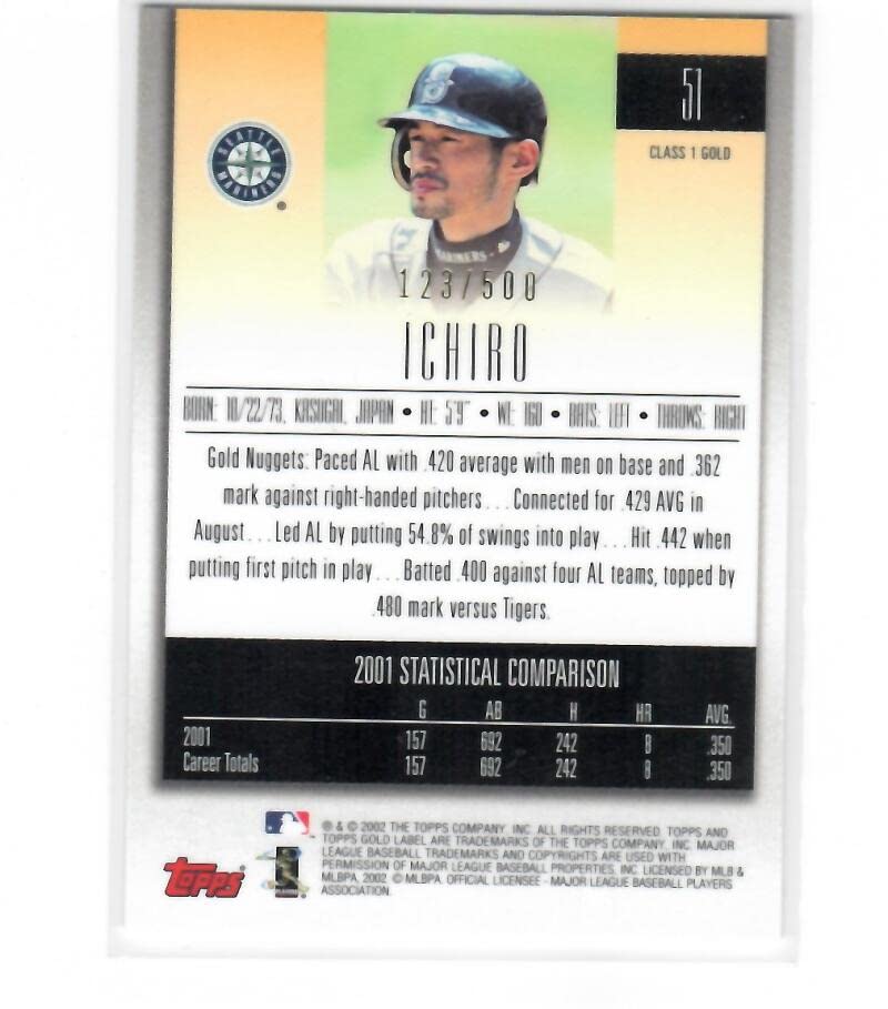 Amazon.com: 2002 Topps Gold Label Class 1 Gold #51 Ichiro Suzuki