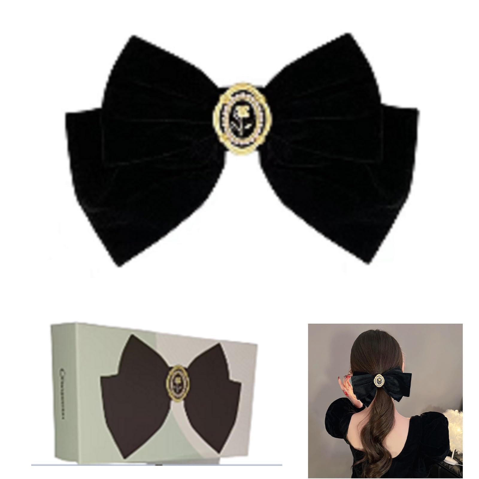 Elegant Black Hair Bows and Clips for Women, Luxury Feminine Design, 2025 xiangwenlan Black Elegant Big Bows and rose hair accessory, Hair Ornaments