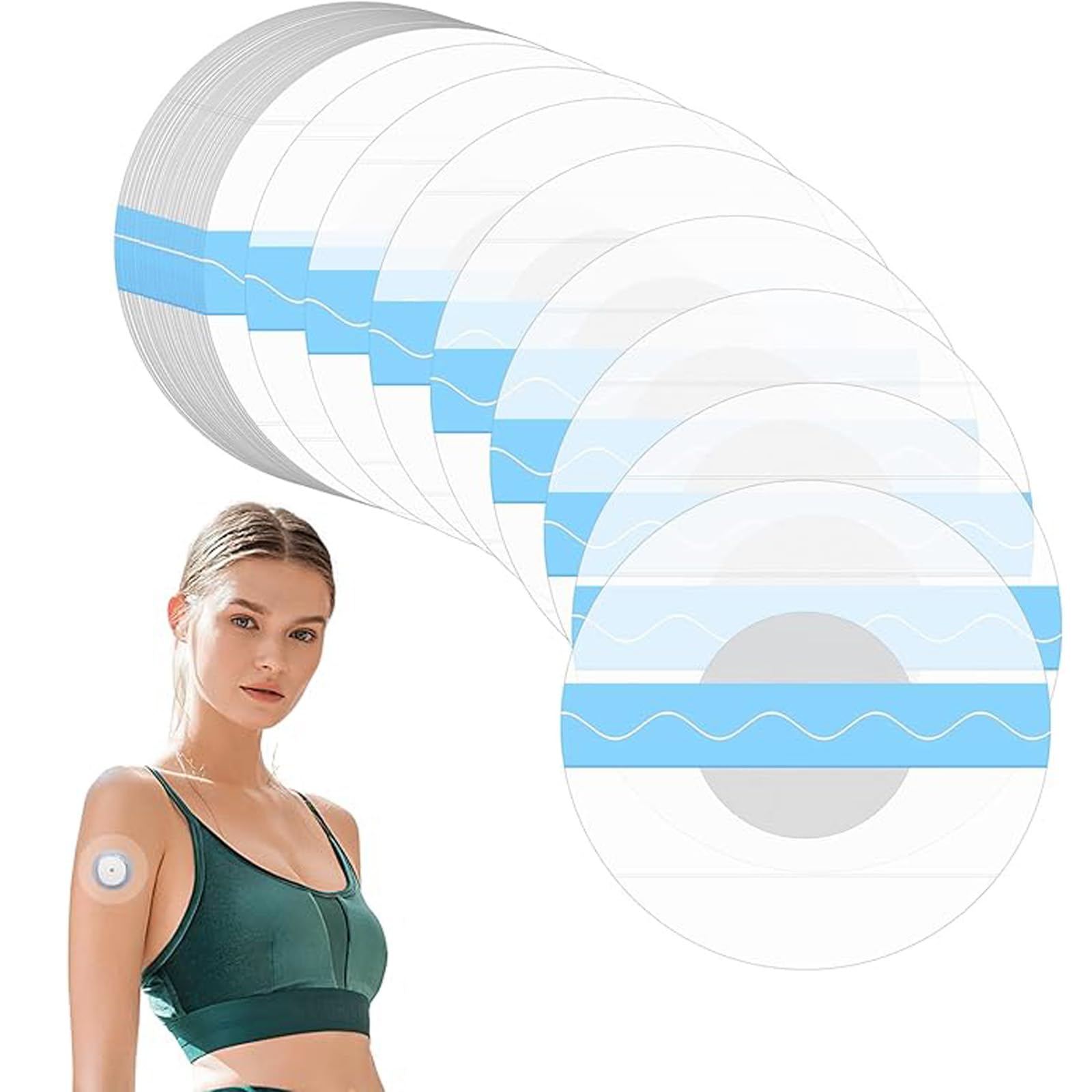 40pcs patch cover, sensor sticker patch, waterproof adhesive patches for libre 2 plus, white pu material with blue stripe design, continuous glucose monitoring