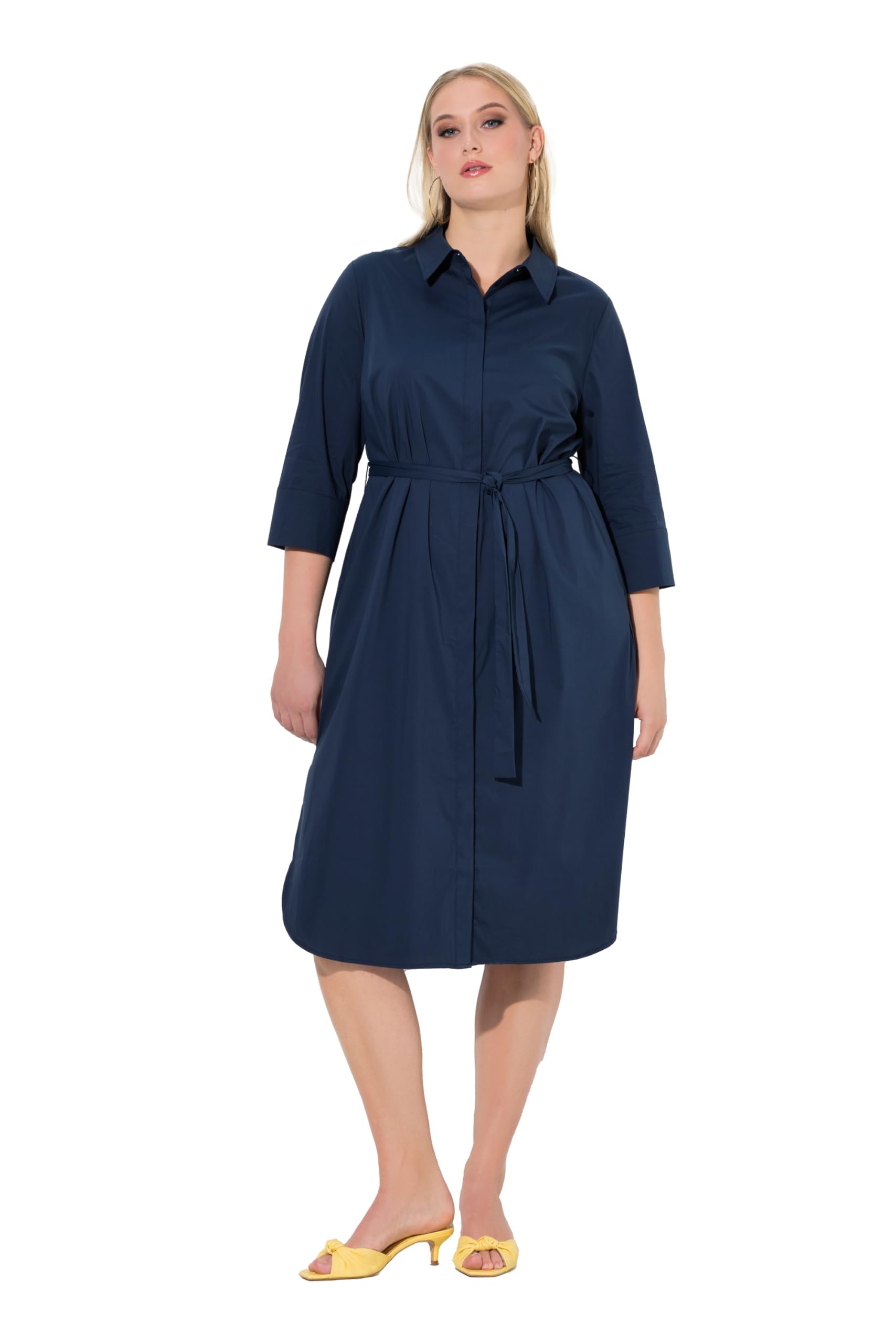 Ulla Popken Damen große Größen Übergrößen Plus Size Hemdblusenkleid, A-Linie, Gürtel, Hemdkragen, 3/4-Arm 815217