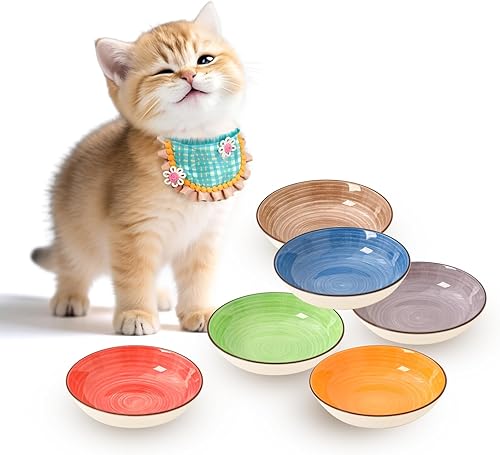 Juego de cuencos coloridos de cerámica para gatos, platos anchos y poco profundos para alimentos y agua, paquete de 6 cuencos de alimentación para