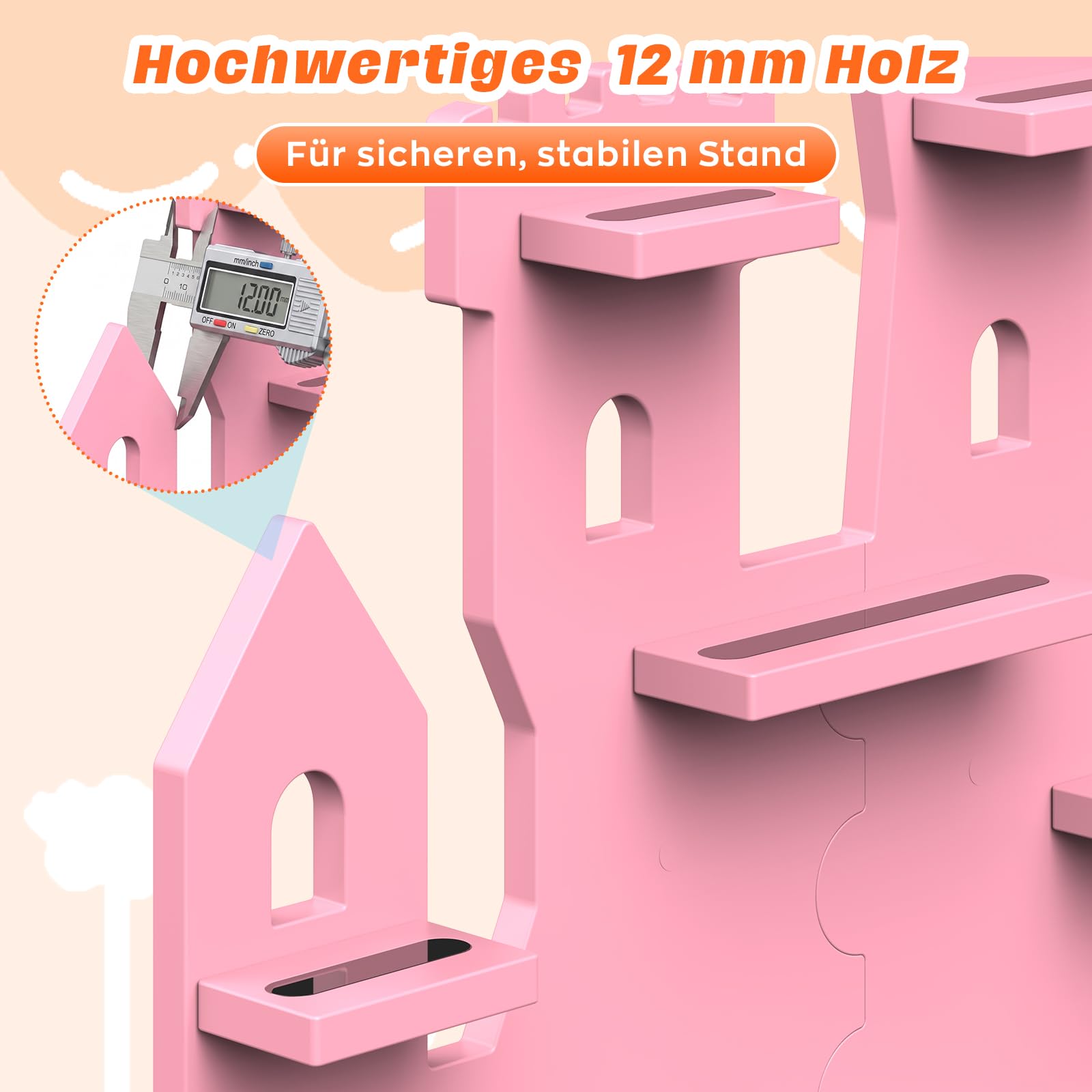 BORISI Wandregal für Toniebox 1 & 2, Holz Rosa, für 30+ Tonie Figuren | 12 mm Holz, Magnethalterung, Kabelkanal, Kopfhörerhaken, inkl. Namenssticker, Geschenkidee