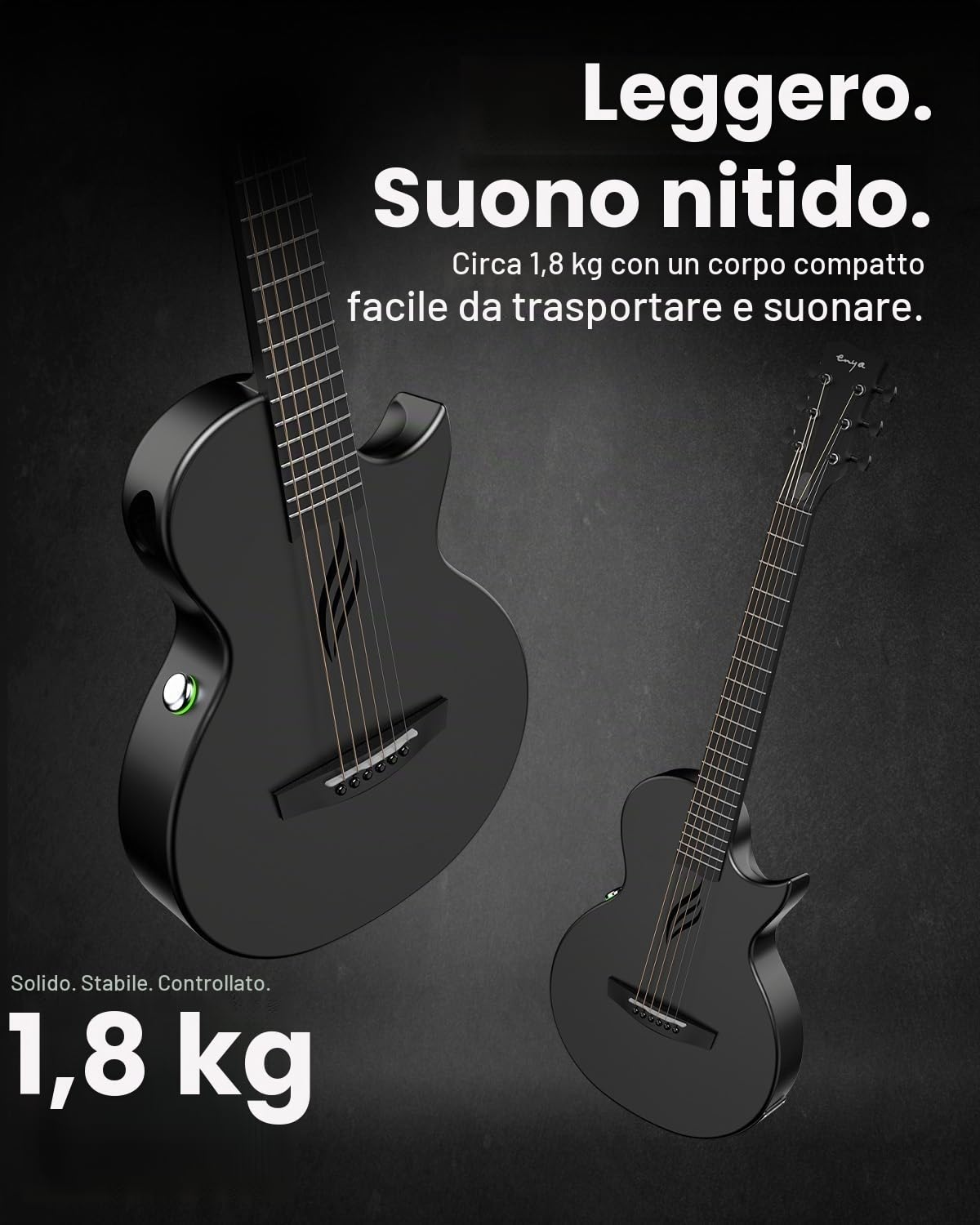 Enya Chitarra Acustica Elettrica Set - Nero 35" Nova Go SP1 Chitarra per Principianti in Fibra di Carbonio con Smart AcousticPlus Pickup Cavo di Ricarica Cavo Audio Borsa Gig per Bambini Adulti