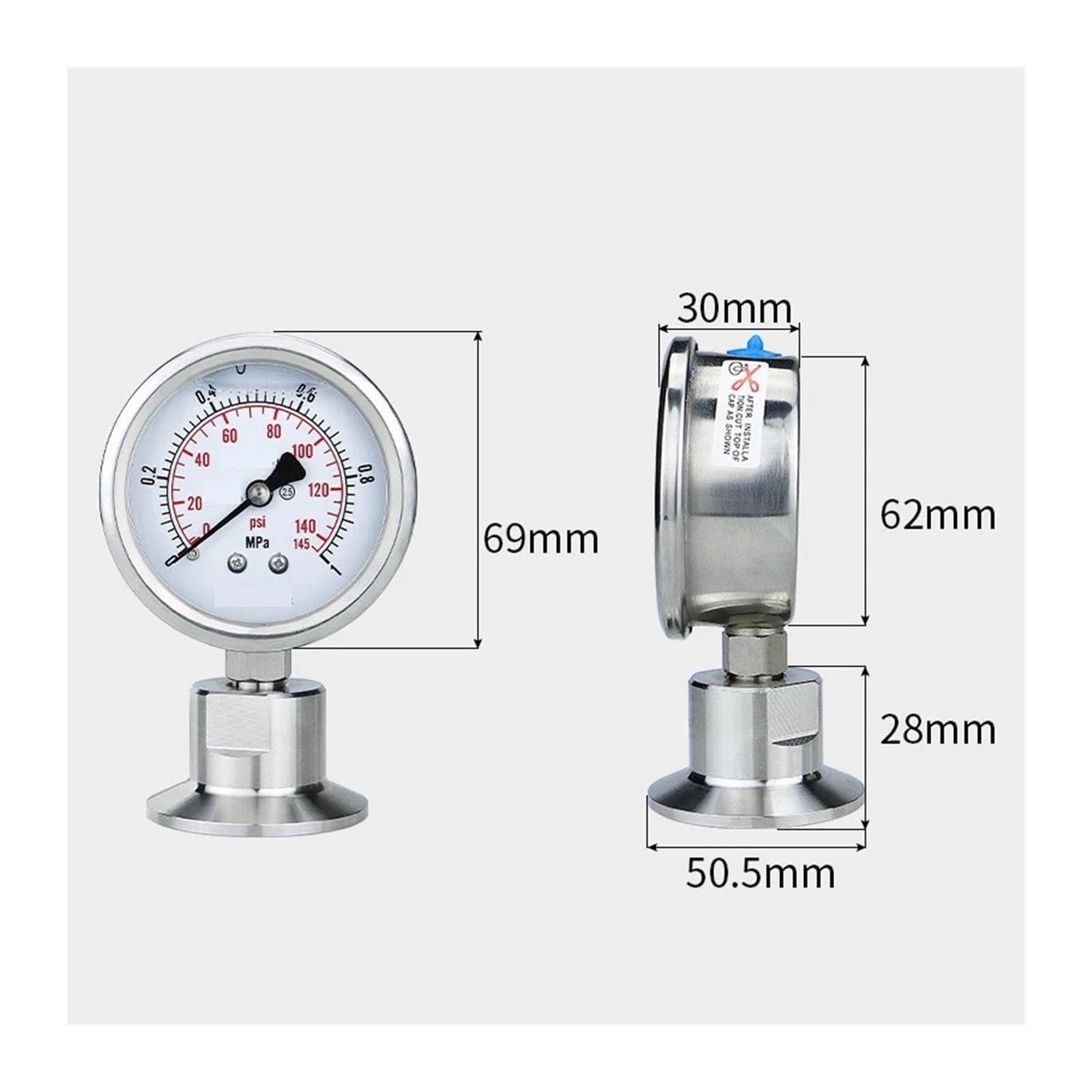 Ciśnieniomierz, Manometr ze stali nierdzewnej Mpa/Bar/psi z manometrem Tri Clamp SS316 1,5"(64mm OD Ferrule,-0.1-0.9Mpa)
