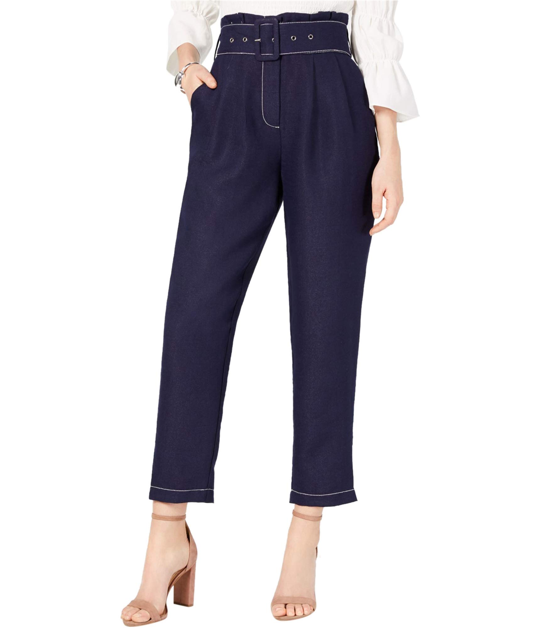 Moon River Womens Linen Blend Wide Leg Paperbag Pants