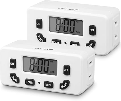 Fosmon 24 Hour Programmable Digital Timer Outlet 2 Pack, ON/Off Program, LCD Display, Mini Indoor Single Plug-in, 125V 15A for Seasonal Light, Lamp, Heater, Portable Fan, Aquarium