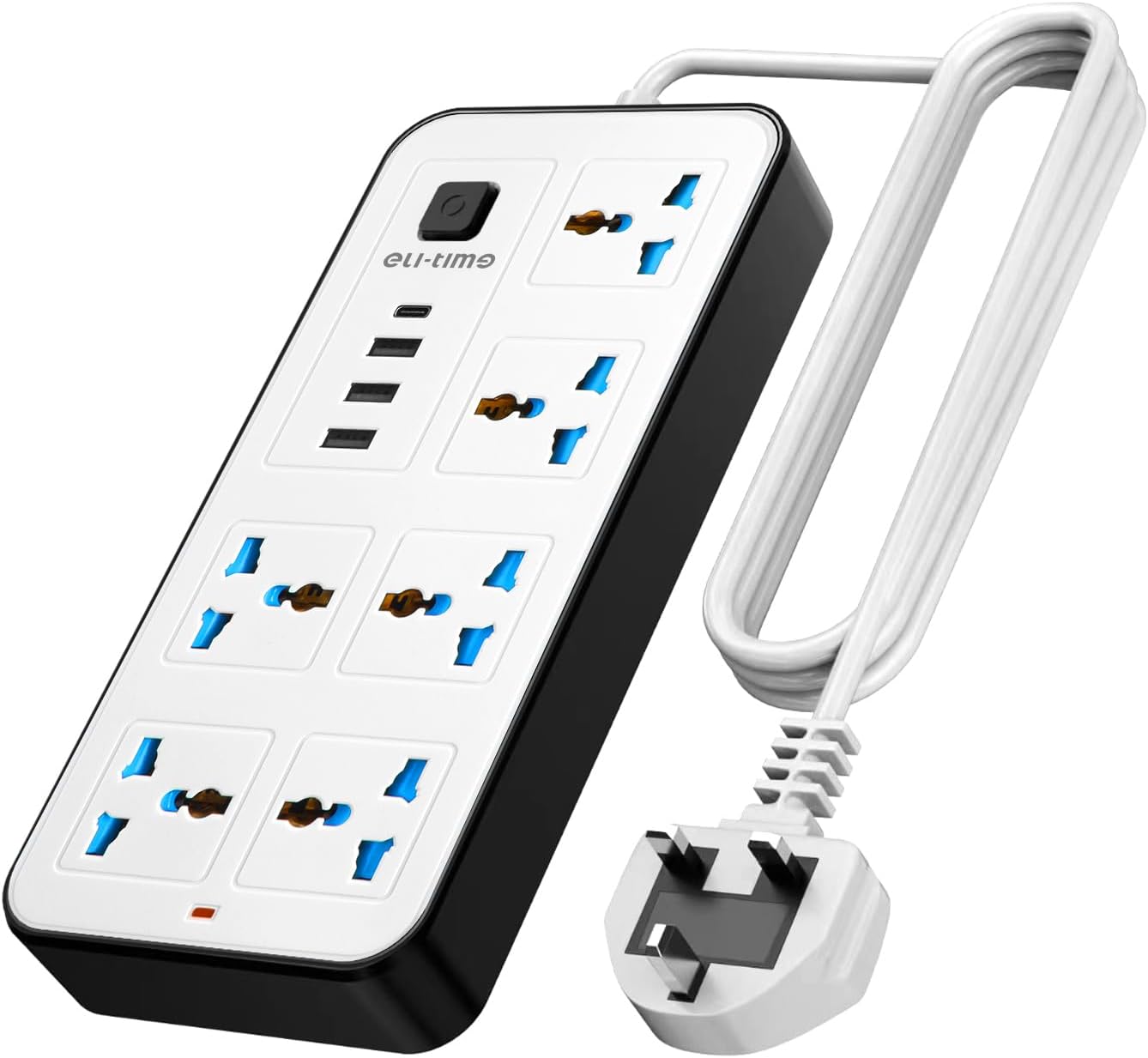 Universal Extension Lead with Multiple Function, UK 3 Pin Socket Outlet with 6 Gang | 3 USB Port | 1 Type-C Port,2M Electric Socket Mains Strip for Home,Kitchen,and Office (White)