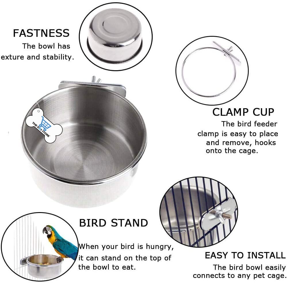 Image of Bird Feeding Dish Cups, Parrot Food Bowl Clamp & Hook Holder Stainless Steel Coop Cup Bird Cage Water Bowl Small Animals,Birds,Parrots, Pigeons, Hamsters,Guinea Pig (Pack of 2)