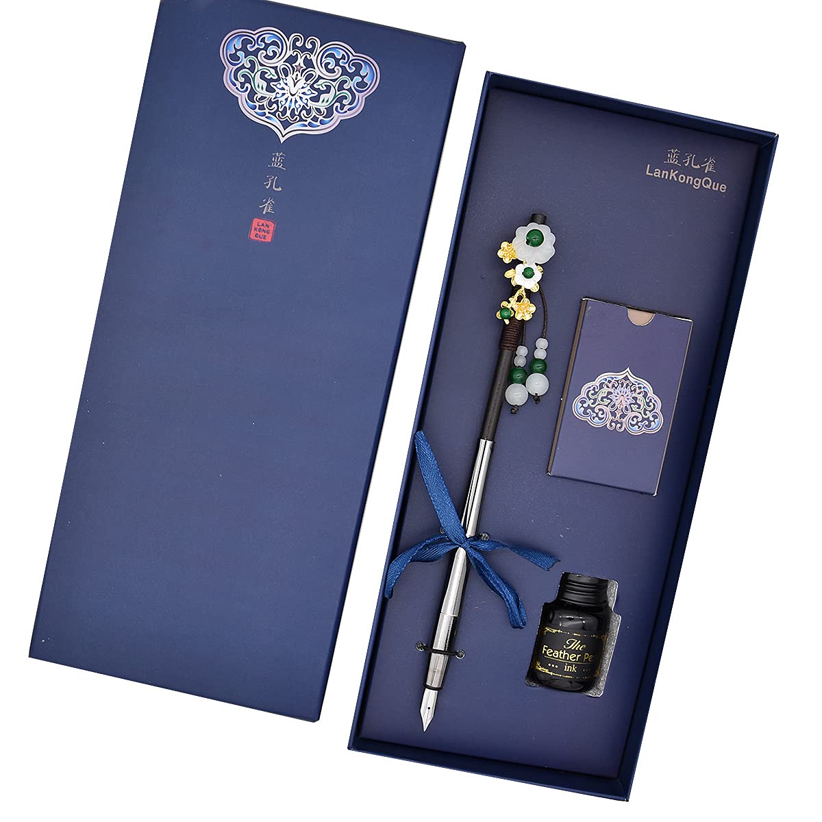 SIPLIV - Set di penne stilografiche cinesi, stile retrò, con convertitore di inchiostro, inchiostro nero e cartuccia di inchiostro a 5 colori, confezione regalo blu, perline rosse