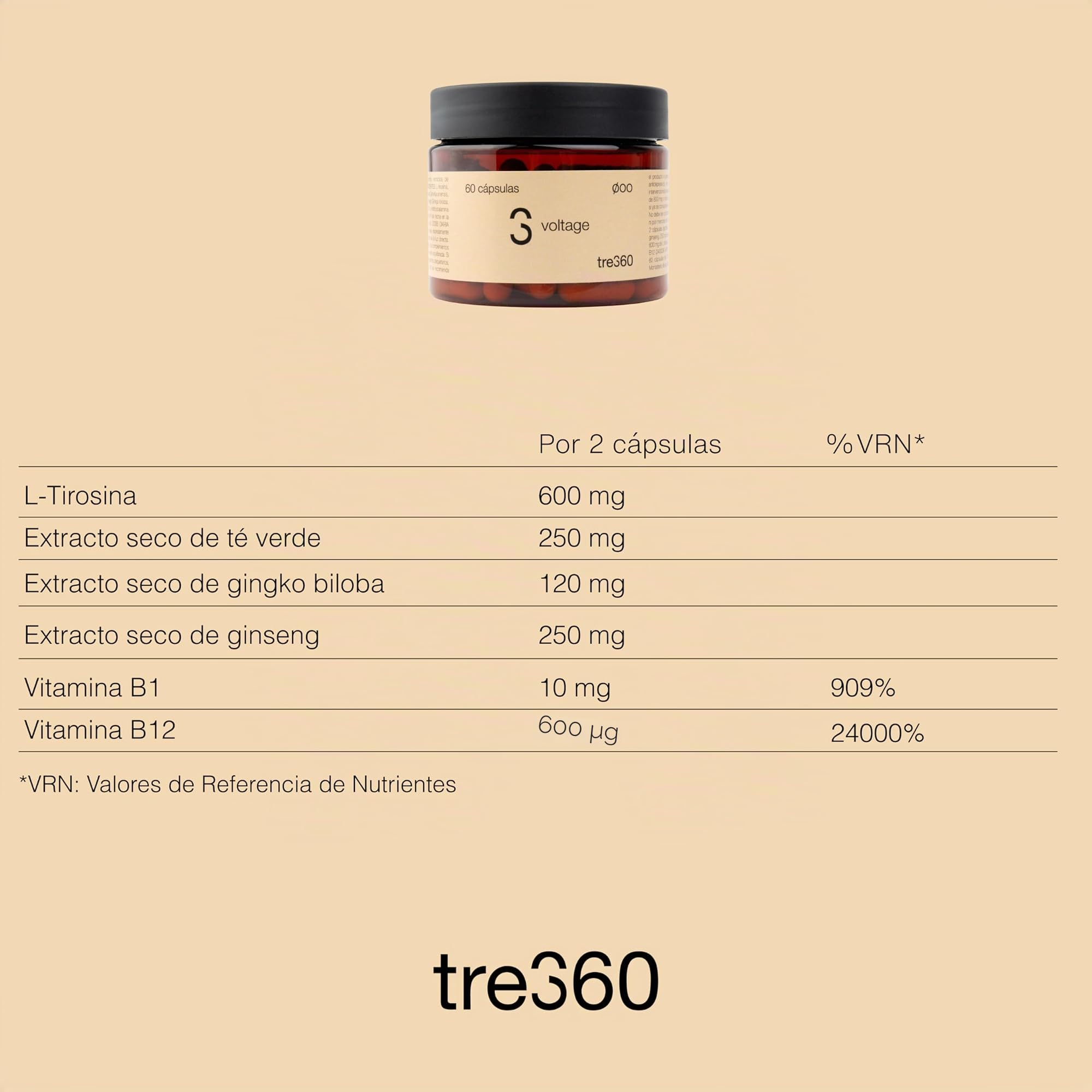 Tres60 - Voltage Energía y Rendimiento – 60 Cápsulas - Cafeína, Taurina, Ginseng, L-Arginina y Té Verde - Complejo con Vitaminas B y Vitamina C - Suplemento Energizante para Concentración