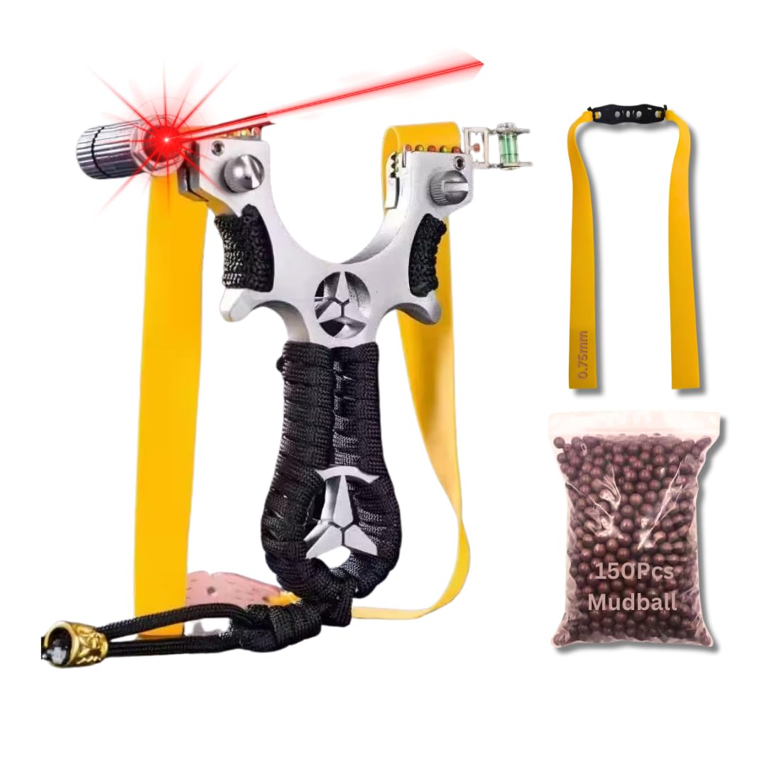 Marksman® Alloy Benz Laser Slingshot Outdoor Target Practice Catapult Gulel Durable for Adults || Yellow Rubber Band and 150 Pcs of Mud Ball || Beginner for Outdoor Games for Hiking & Camping-image-22