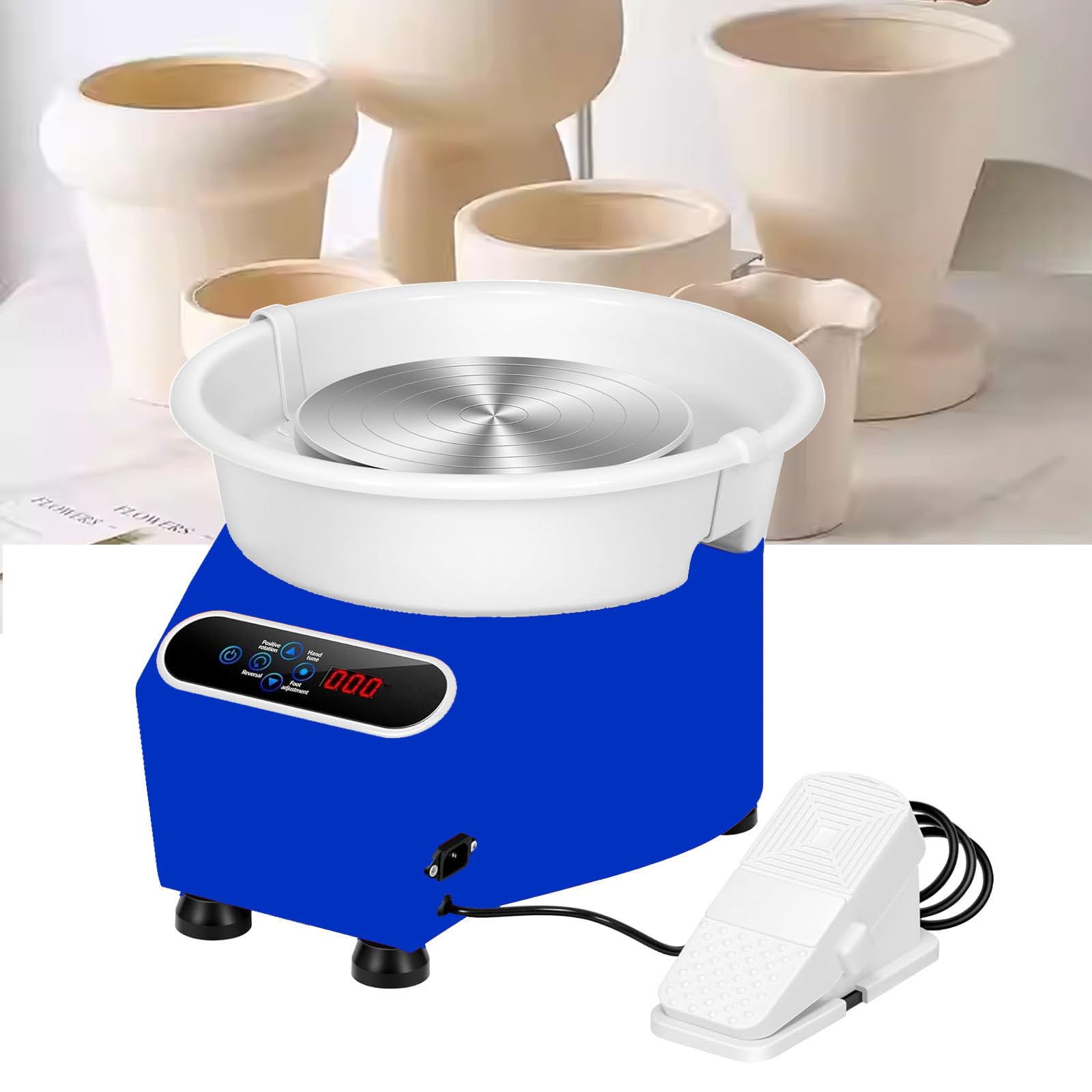 FBJAMZ Electric Pottery Wheel,with Foot Pedal LCD Screen,Adjustable Speed Ceramic Clay Forming Machine,Tool Kit for DIY Pottery Crafts (Blue)