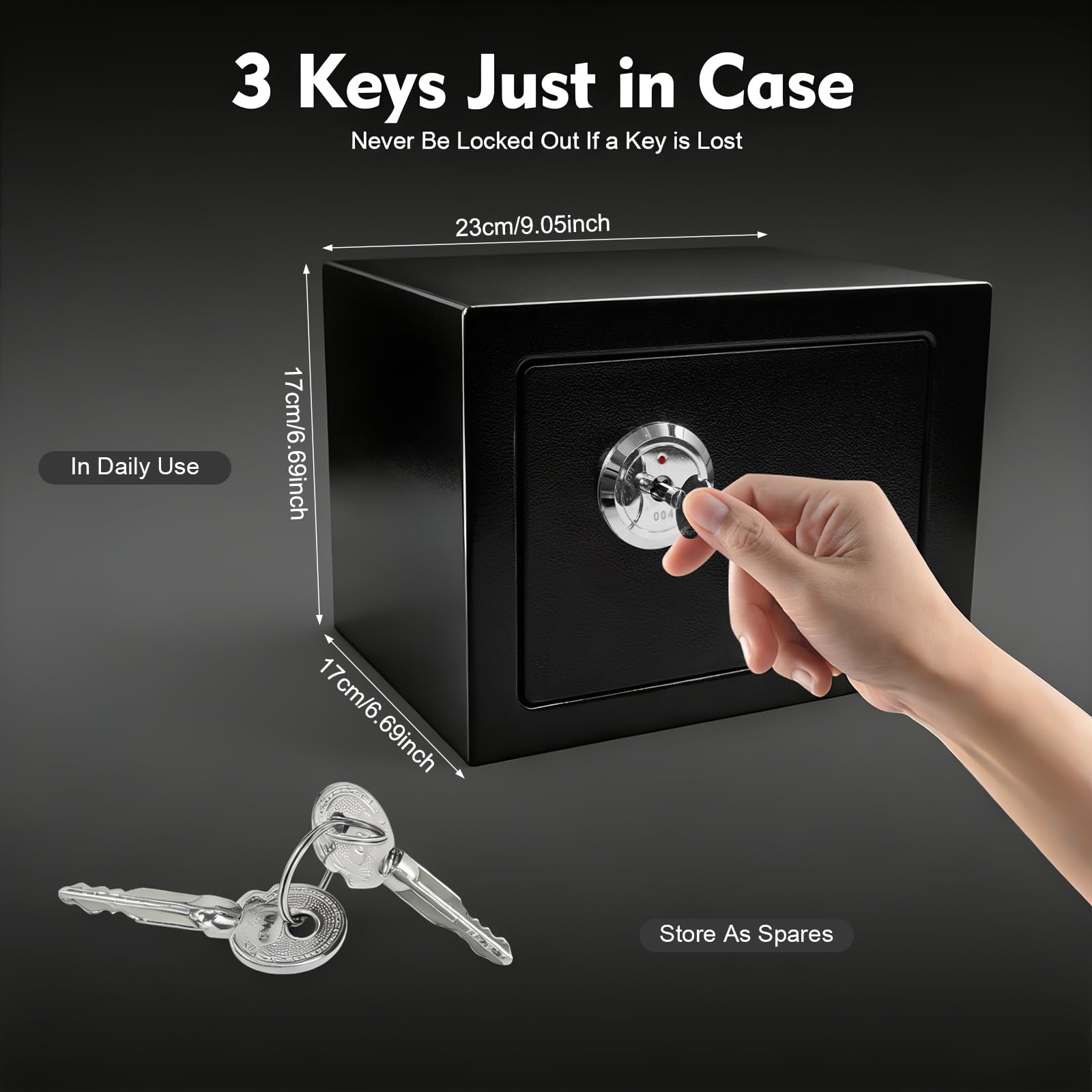 Caja fuerte de acero al carbono para montaje en pared, caja fuerte pequeña con 3 llaves y bordes lisos, caja fuerte de seguridad de 4,6 litros de capacidad y construcción robusta, caja fuerte digital