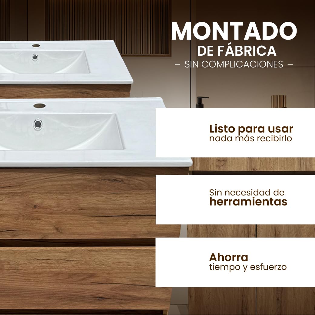 Juego Mueble Baño con Lavabo. Mueble Lavabo 80 cm. Mueble Bajo Lavabo Compacto Preinstalado de Fábrica. Mueble Baño con Lavabo 80 cm con Pie de Porcelana. No Incluye Espejo.