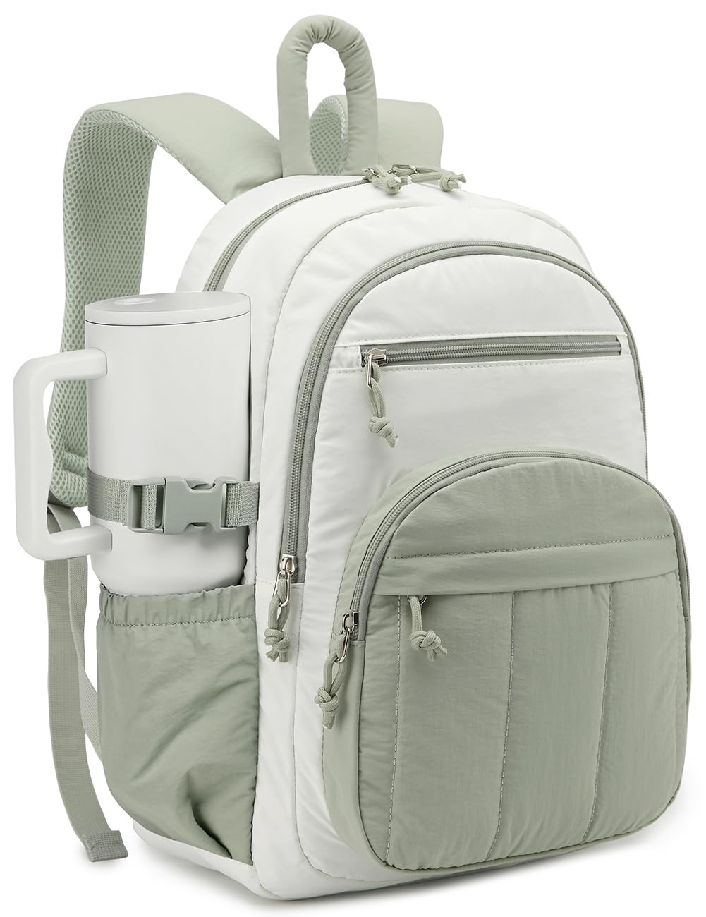 Backpack for Women, Quilted Laptop Bookbag with Pouch Pockets for College Work Travel Gym Teacher Nurses, Puffer High School Backpack for Girls, Beige Green