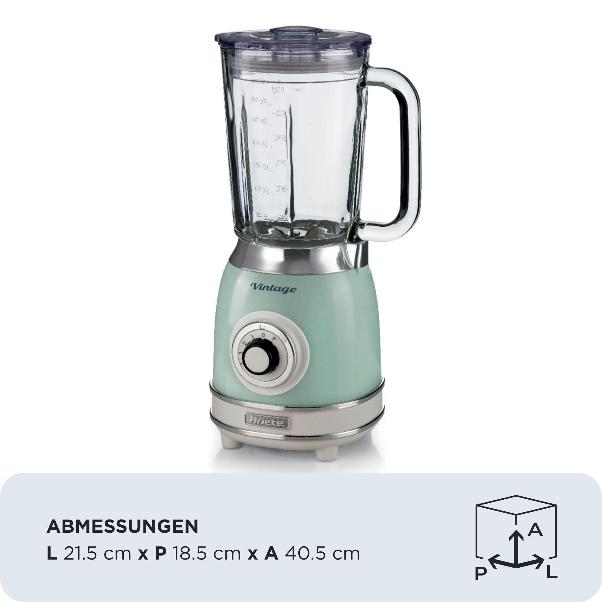 Ariete Vintage 583 Mixer aus Glas, Retro Multifunktionsmixer mit 4 Klingen, 4 Geschwindigkeiten + Pulse-Funktion, Ice-Crusher Funktion, 1,5 Liter Fassungsvermögen, 1000W, Grün