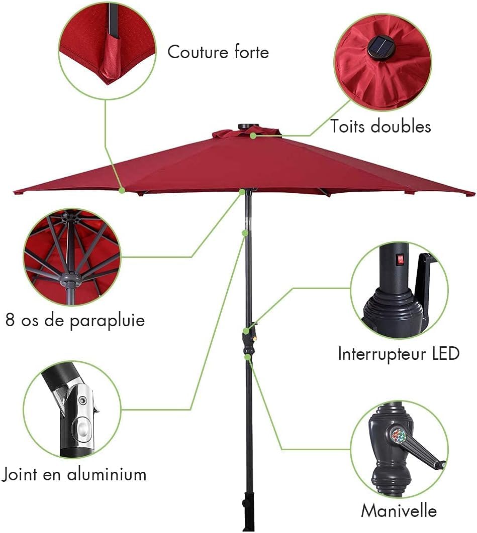 RELAX4LIFE Parasol Inclinable LED Dia.3M avec Éclairage Solaire, 8 Baleines, Inclinaison Réglables Parasol de Jardin Extérieur pour Balcon Terrasse Patio Café Bistro (Φ300x250cm,Rouge)