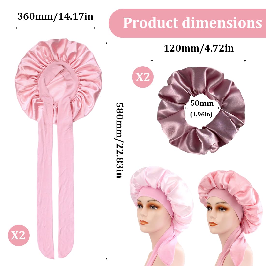 Cuffia da notte in seta per donne, 2 pezzi, cuffia in seta regolabile con 2 elastici per capelli, a doppio strato, foderata in raso con laccetto per capelli ricci